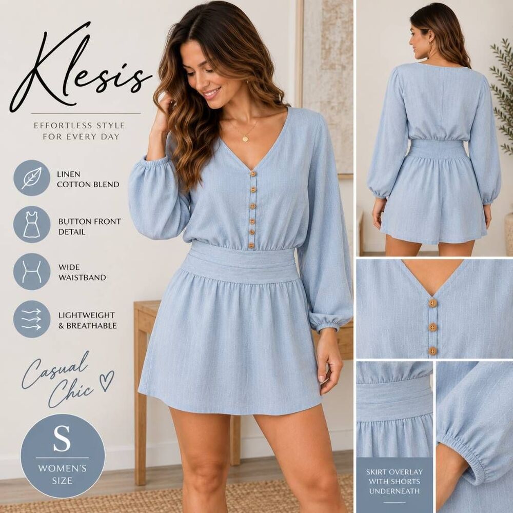 Klesis Women’s Small Light Blue Linen Cotton Romper Long Sleeve Button Front